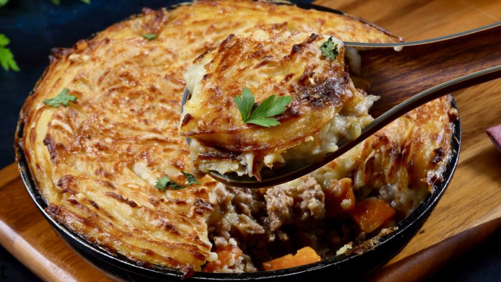 Golden cottage pie with mashed potato topping and beef filling being lifted with a spoon