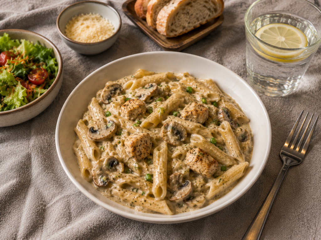 Creamy chicken mushroom pasta with organic penne and yoghurt sauce served in a white bowl